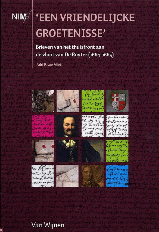 Boekomslag, collage van illustraties van onder andere een portret van Michiel de Ruyter en handschriften, de achtergrond is donkerrood. De titel en auteur zijn in lichtpaarse en witte letters gedrukt.