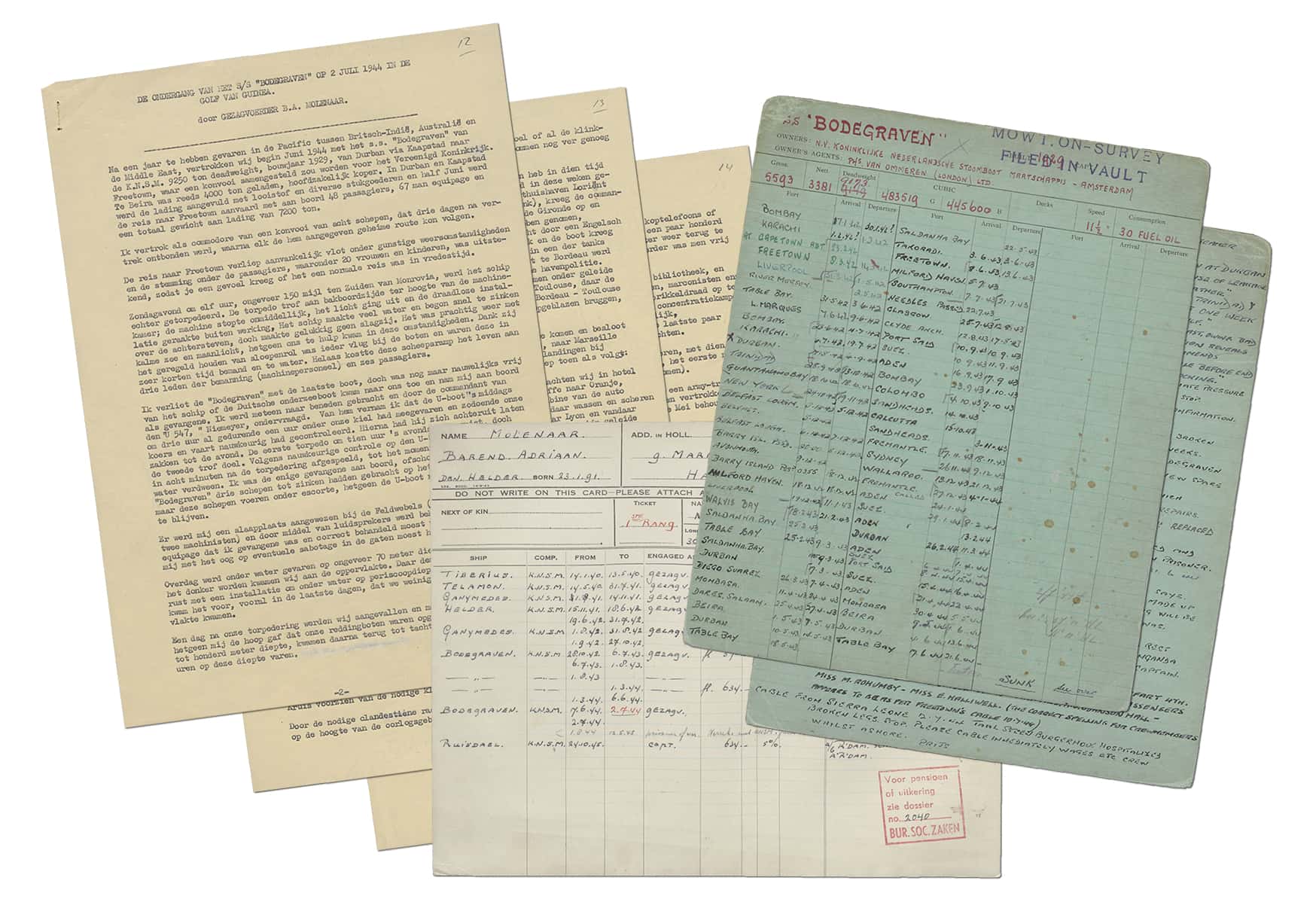 Kleurenfoto. Een verzameling documenten: een verslag en persoonskaart en een registratiekaart.