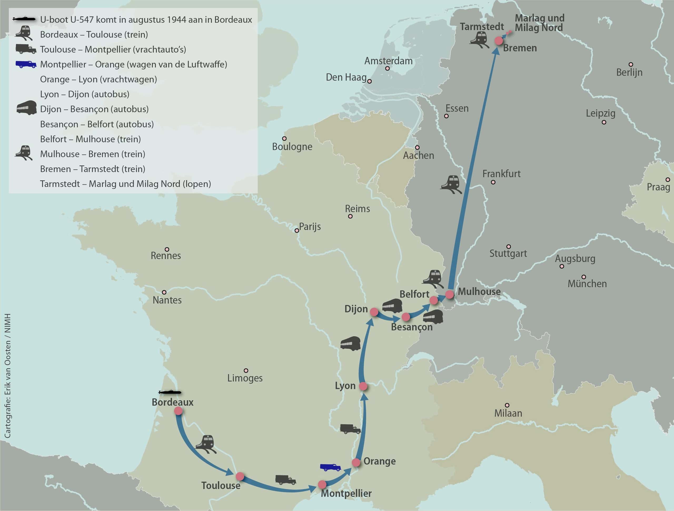 Kleurenfoto. Kaart van West-Europa, met daarop een getekende route van Bordeaux naar kamp Marlag und Milag Nord.