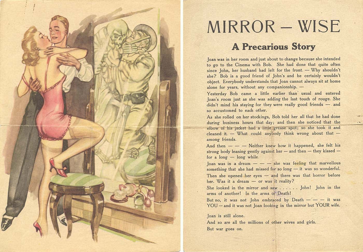 Kleurenfoto. Pamflet waarop links een afbeelding te zien is van een vrouw die intiem is met een man. Rechts een getypte tekst.