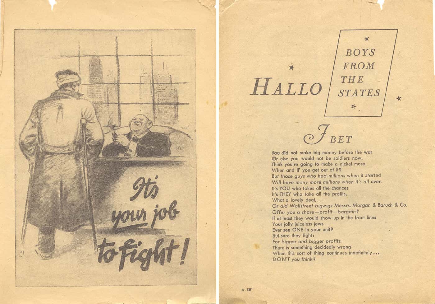 Kleurenfoto. Pamflet met links een tekening en rechts een Engelse tekst.