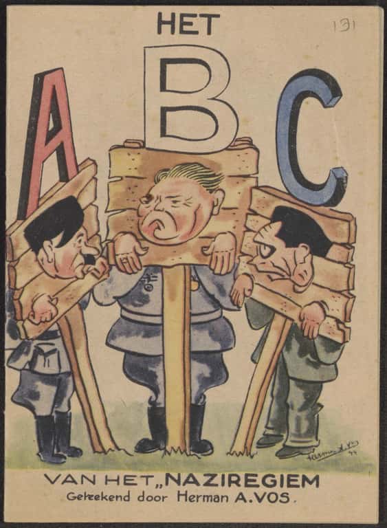 Kleurenfoto. Spotprent van drie gevangen mannen, met boven hen de letters A, B en C.