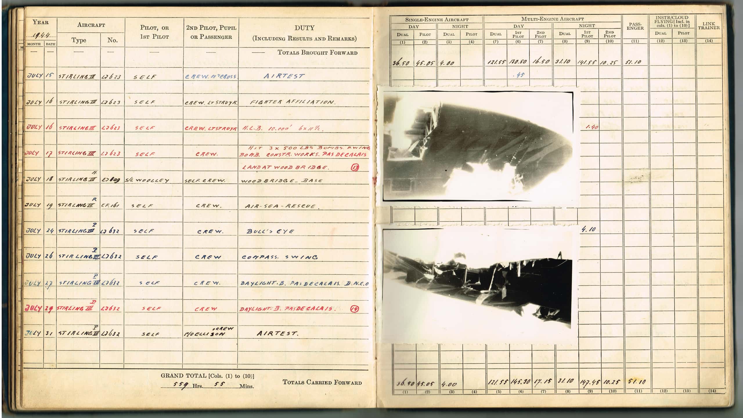 Foto van een vliegerlogboek met allerlei gegevens.