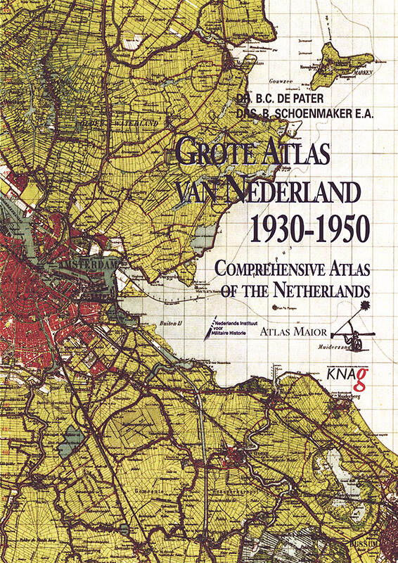 Omslag van het boek, historische kaart van regio Amsterdam, met de stad in rood afgebeeld en omliggend land in het geel, de titel en auteurs staan in zwarte letters hier overheen.