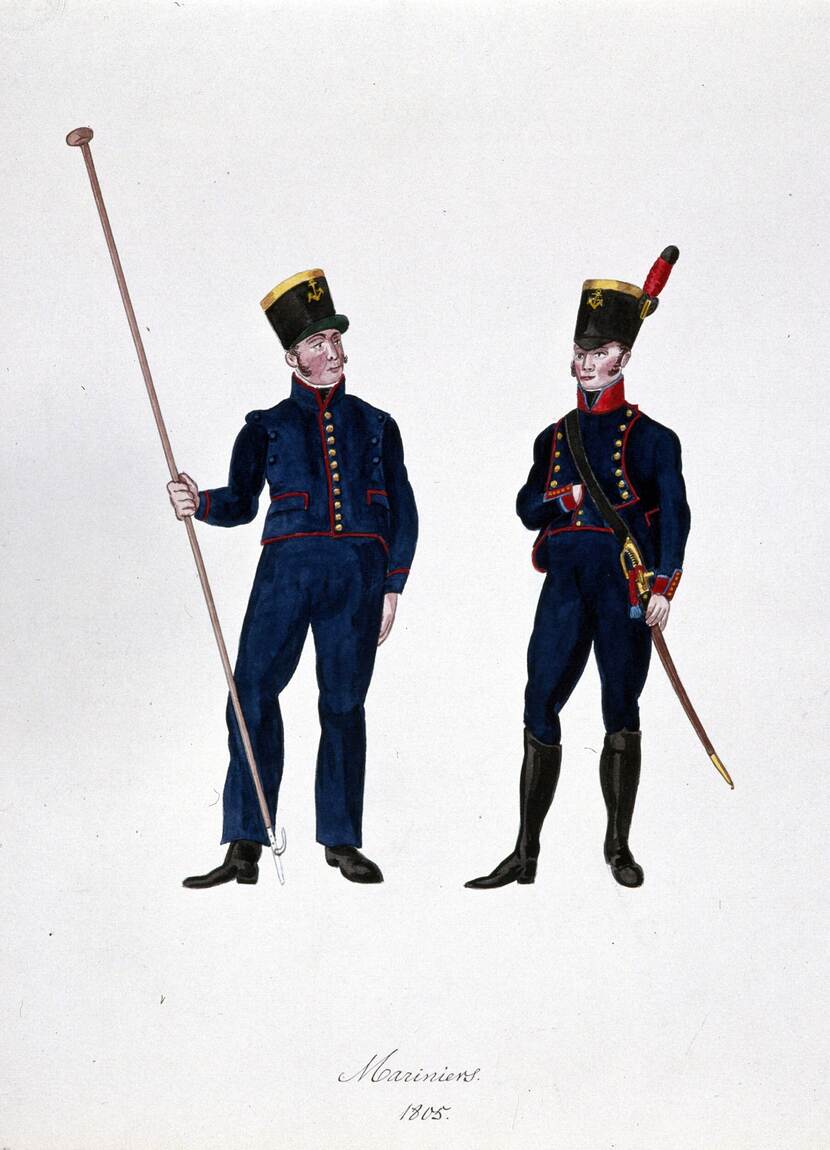 Tekening van twee mariniers in uniform tegen een witte achtergrond.