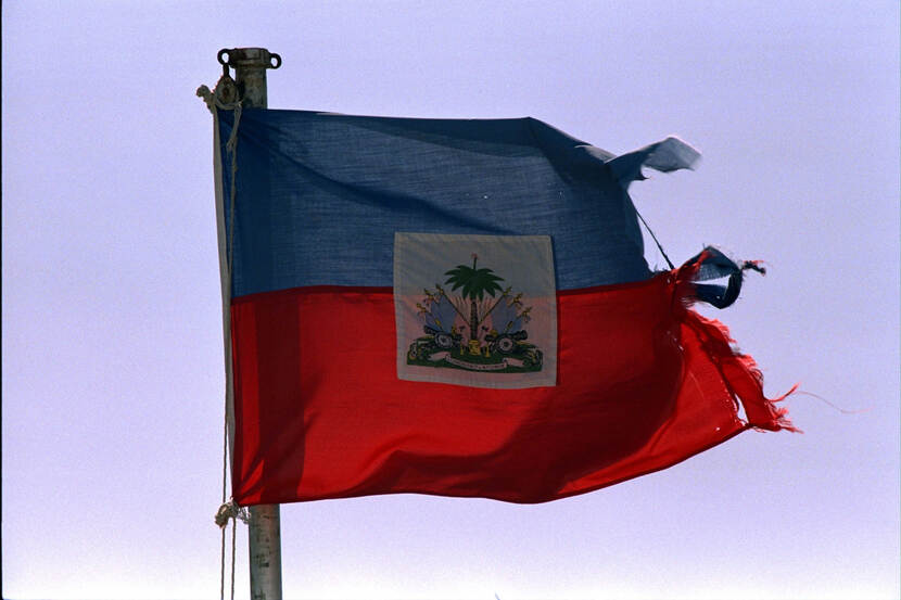 Kleurenfoto, een vlag wappert in de wind. de bovenste helft is blauw, de onder helft is rood, in het midden een wit vierkant met een wapenschild bestaande uit een palmboom, vlaggen en twee kanonnen erin. De linkerkant van de vlag zit vast aan een vlaggenmast, de rechterkant is verweerd en gerafeld.