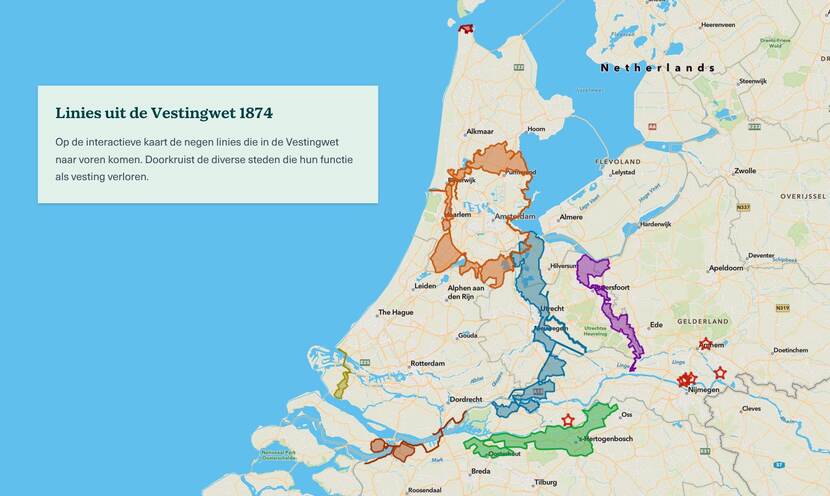 Screenshot van de webpagina met de storymap, te zien is een kaart van Nederland met de 9 linies uit de Vestingwet gemarkeerd.